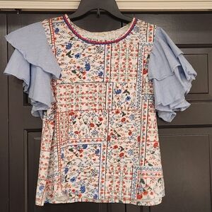 Anthropologie Letrueke Floral Patchwork Short Sleeve Top Blue Red Ruffle Sleeve